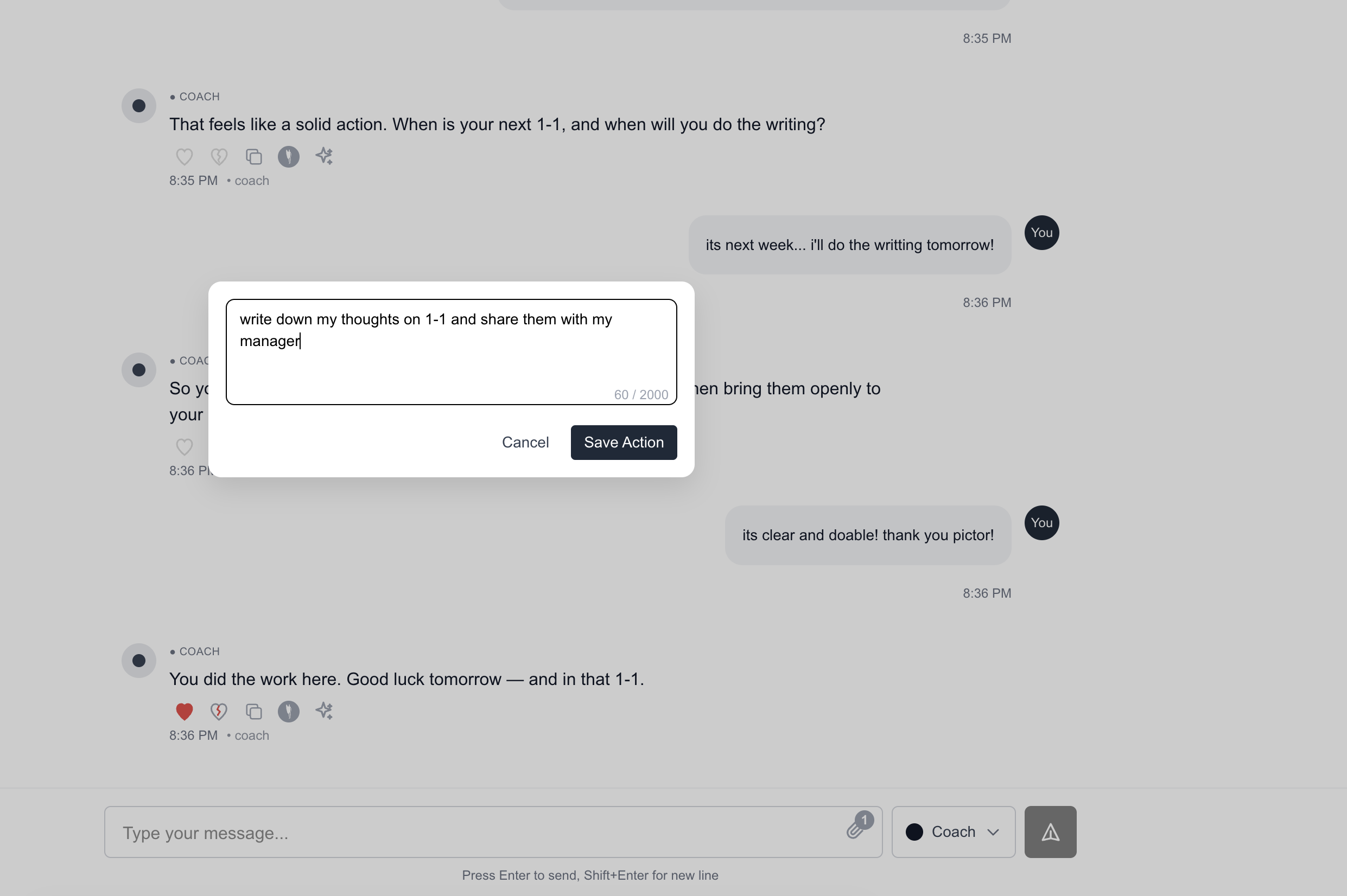 Saving the action during the conversation